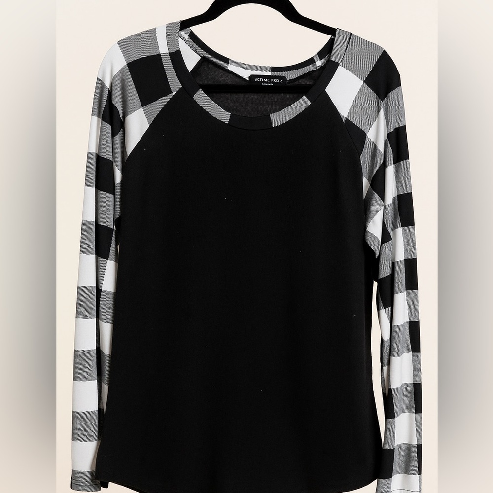 Acting Pro Black Buffalo Plaid Sleeve Raglan‎ Long Sleeve Top 3x